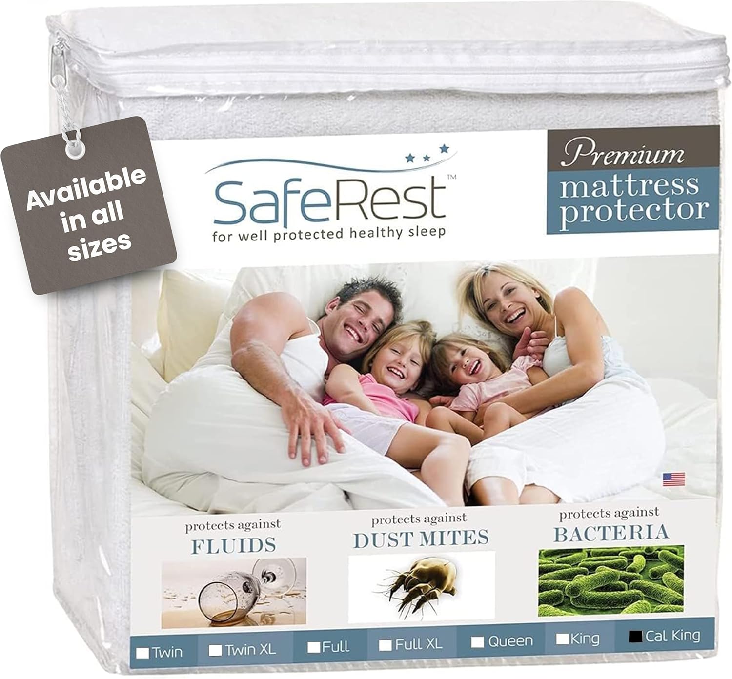 SafeRest waterproof mattress protector fitted on queen bed - View 1
